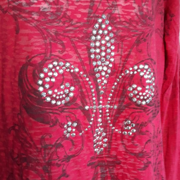 ROPER • Large red top v-neck long sleeve shirt western sequins sheer women's - Picture 3 of 7